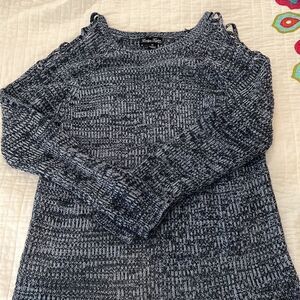 Evelyn Taylor blue gradient sweater with grommet and lace-up shoulder detail